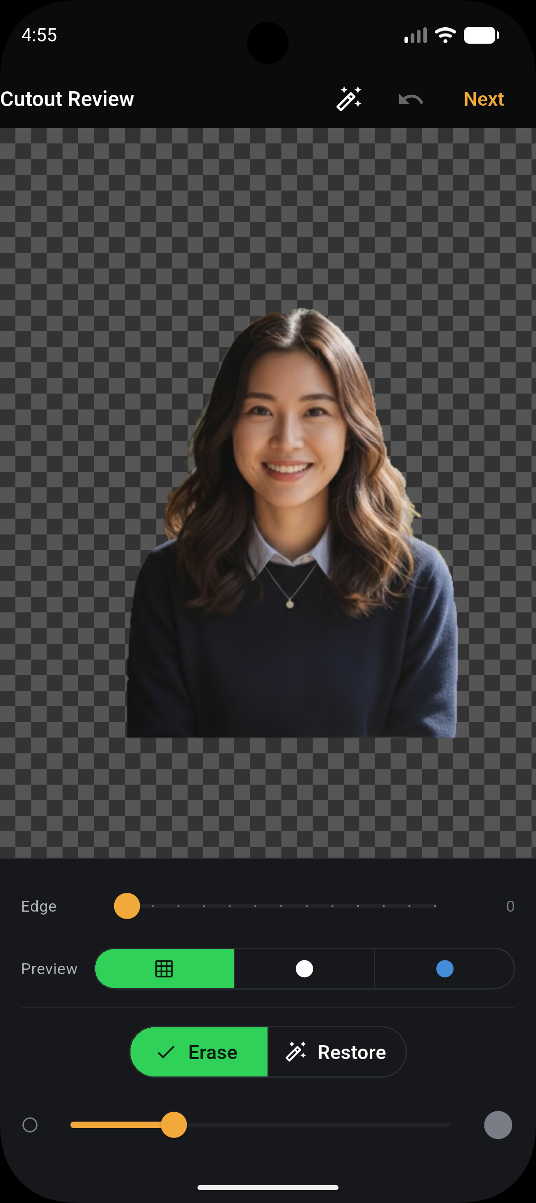 AI cutout review with clean background removal